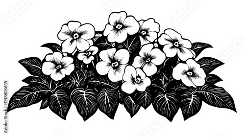 Impatiens plants with masses of flowers in a shade garden, Plant Vector Graphic