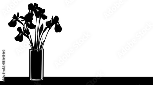 Iris stems in tall glass cylinder vase on window ledge, Plant Vector Graphic