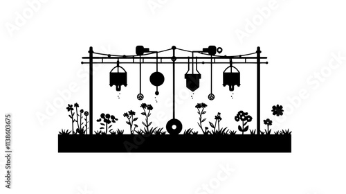 Irrigation system in an organic flower farm for even water distribution, Plant Vector Graphic