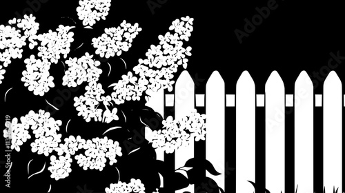 Lilac bush in full bloom near a white picket fence, Plant Vector Graphic