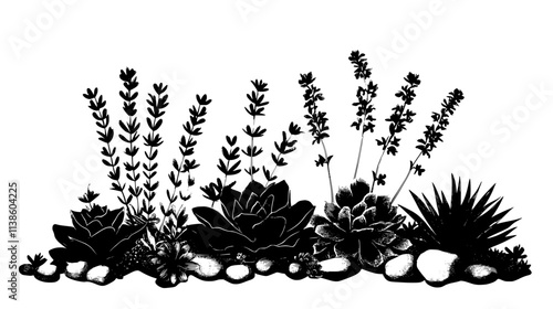 Lavender plants in a gravel garden with succulents, Plant Vector Graphic