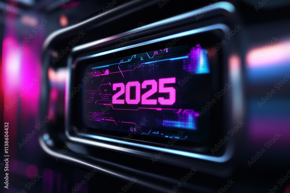 Future Tech 2025 Display - Futuristic screen, neon glow, digital year, technological advancement, innovation concept. Future Tech 2025 Display - Futuristic screen, neon glow, digital year, technological advancement, innovation concept.