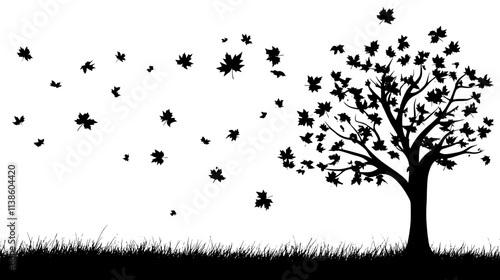 Maple tree with spreading branches and vibrant palmate leaves in a yard, Plant Vector Graphic