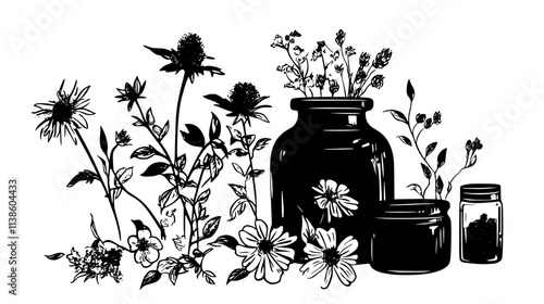 Medicinal flowers prepared in a glass jar for herbal remedy, Plant Vector Graphic