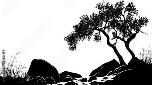 Mesquite tree providing shade in a barren landscape, Plant Vector Graphic