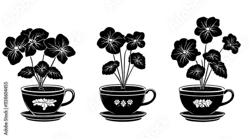 Miniature African violets in teacup planters on a windowsill, Plant Vector Graphic