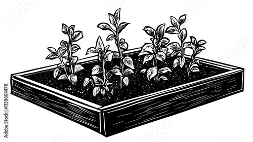 Mint plants spreading in the corner of a raised garden bed, Plant Vector Graphic