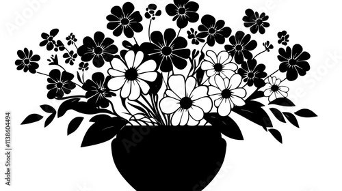 A mixed bouquet of flowers displayed in a wide vase, stems arranged symmetrically, Plant Vector Graphic