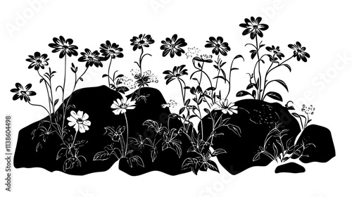 Moss campion forming dense mounds between rocks, Plant Vector Graphic