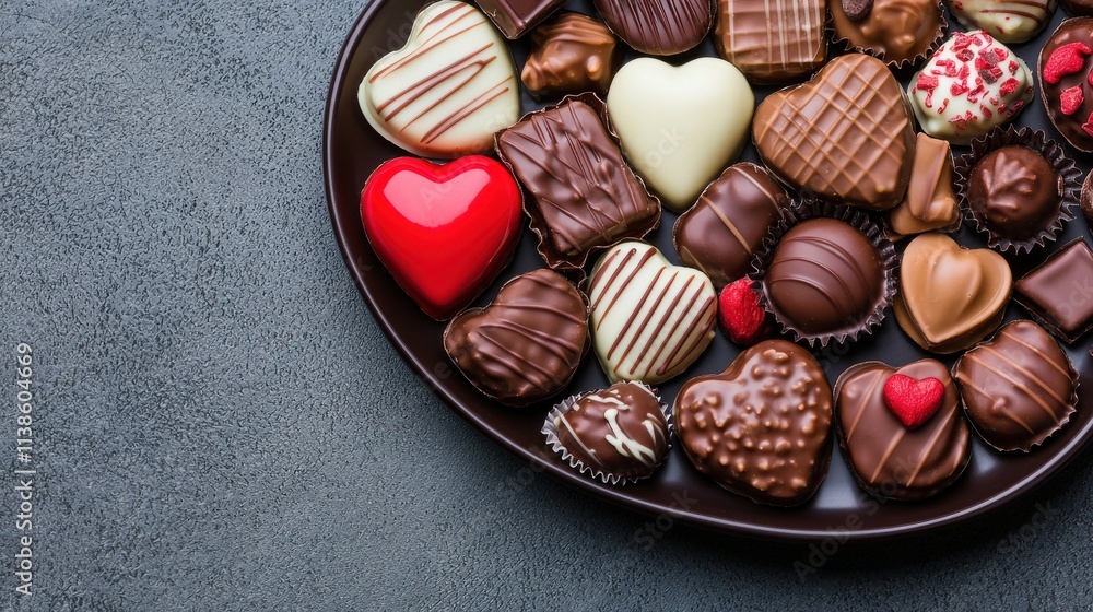 Exquisite Assortment of Handmade Chocolates on a Dark Platter Perfect for Celebrations, Gifts, and Sweet Indulgences, Featuring Various Shapes and Textures Exquisite Assortment of Handmade Chocolates on a Dark Platter Perfect for Celebrations, Gifts, and Sweet Indulgences, Featuring Various Shapes and Textures