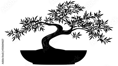 Olive bonsai with gnarled trunk in Mediterranean style, Plant Vector Graphic
