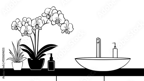 Orchid blooms on bathroom countertop near sink, Plant Vector Graphic