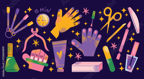 Nail care tools set manicure accessories hands with polished nails. Colorful flat illustration of nail scissors, polish bottles, cuticle nippers, files. Nail care and beauty concept