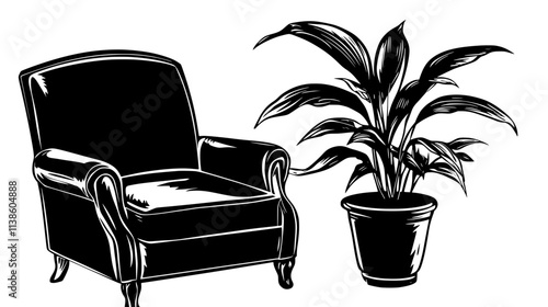 Peace lily plant next to an armchair in the living room, Plant Vector Graphic