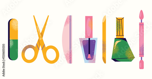 Nail care tools set manicure accessories hands with polished nails. Colorful flat illustration of nail scissors, polish bottles, cuticle nippers, files. Nail care and beauty concept