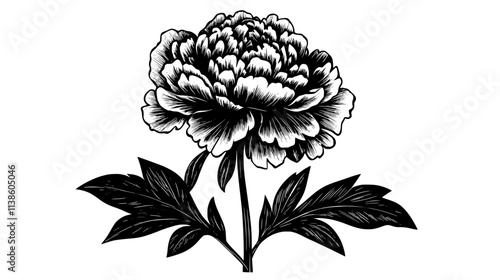 Peony with large, round flower head and glossy leaves, Plant Vector Graphic