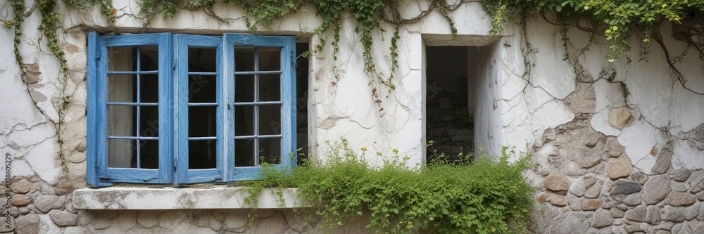 Weathered blue wooden window with overgrown vines and moss on a white stone wall, serene landscape, greenery Weathered blue wooden window with overgrown vines and moss on a white stone wall, serene landscape, greenery
