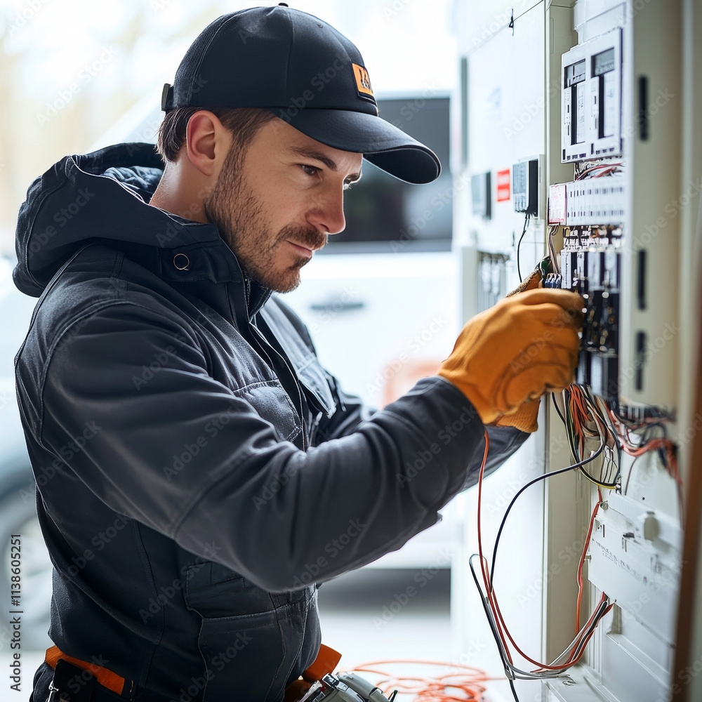Electrician working with multimeter in a factory setting with machinery and tools surrounded by workers and industry equipment Electrician working with multimeter in a factory setting with machinery and tools surrounded by workers and industry equipment