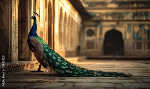 A peacock is standing in front of a building