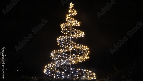 A Spiral Christmas Tree Made of Lights on a Black Background

 photo