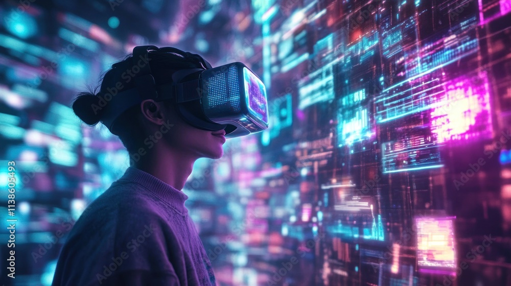 Immersive Virtual Reality Experience: A Person Exploring a Neon Digital Metaverse Immersive Virtual Reality Experience: A Person Exploring a Neon Digital Metaverse