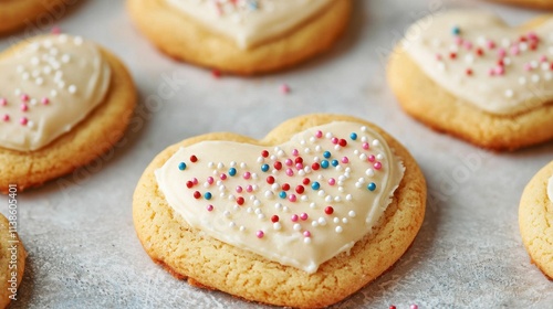 Heart-Shaped Cookies with Frosting and Colorful Sprinkles on a Rustic Surface for Celebration, Holidays, or Special Occasions