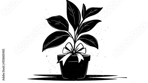 Potted plant with ribbon delivered to office desk, Plant Vector Graphic