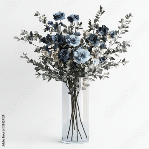 Blue flowers arranged in a crystal vase, framed by a bright background.
