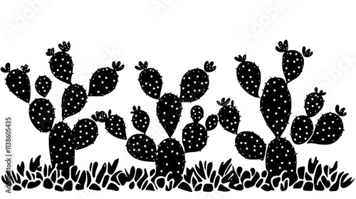 Prickly pear cacti forming a natural fence line, Plant Vector Graphic