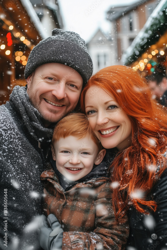 Obraz premium Happy mother, father and little son at christmas market, cozy family winter scene outdoors with lights and snow