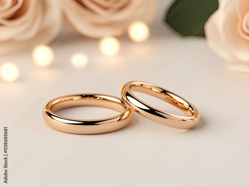 Elegant gold wedding rings displayed with soft floral background and glowing lights. Elegant gold wedding rings displayed with soft floral background and glowing lights.
