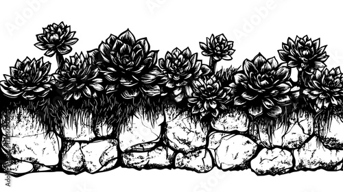 Sempervivum rosettes growing in crevices of a stone wall, Plant Vector Graphic