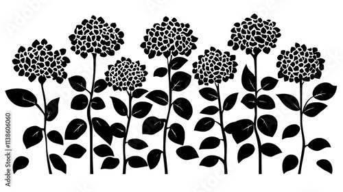 Several panicle hydrangea blooms growing along a rural fence line, Plant Vector Graphic