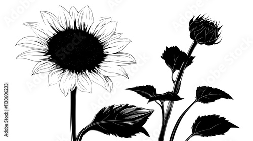 Single sunflower stem with an unopened bud and mature flower, Plant Vector Graphic