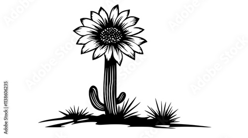 Tubular flower growing from a low spiny plant in the desert, Plant Vector Graphic