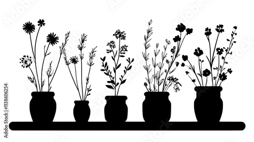Small dried flower bunches placed in jars on a windowsill for display, Plant Vector Graphic