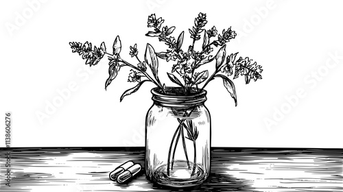 Small jar of medicinal flowers on a wooden table, Plant Vector Graphic