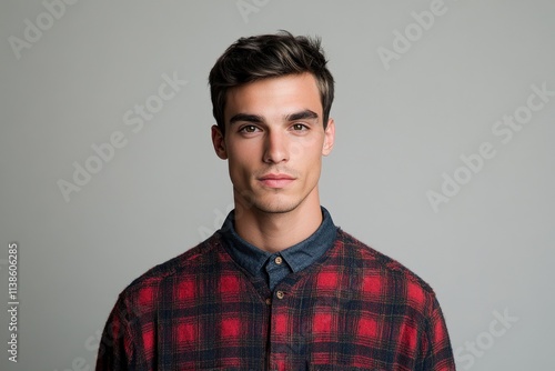 Stylish Young Man in a Flannel Shirt Posing Against a Neutral Background