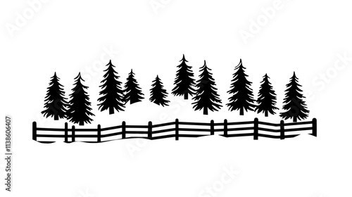 Spruce trees forming a windbreak on a snowy field, Plant Vector Graphic