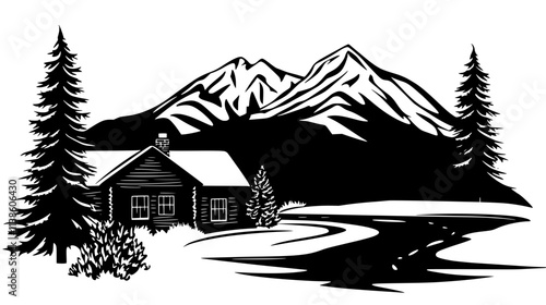 Spruce trees lining the driveway of a mountain cabin, Plant Vector Graphic