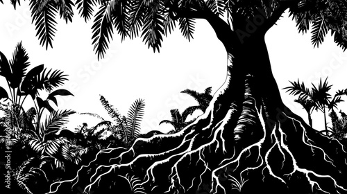 Strangler fig roots encasing a host tree in a dense jungle, Plant Vector Graphic