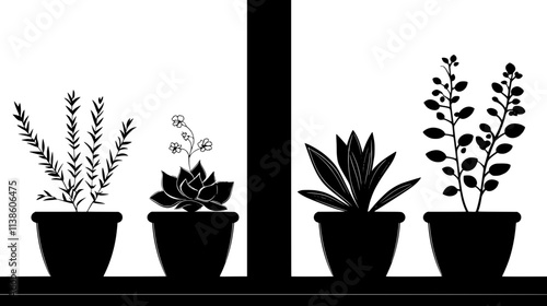 Succulent arrangement in terracotta pot on windowsill, Plant Vector Graphic