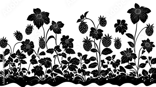 Strawberry patch with runners and fruit in a garden setting, Plant Vector Graphic