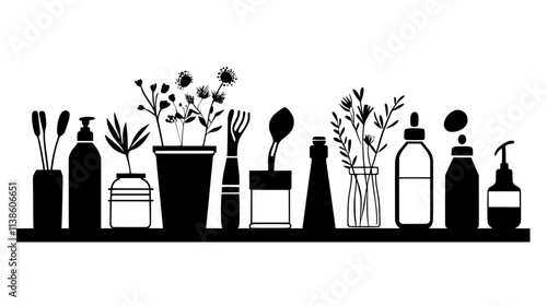 Table filled with reusable tools and eco-friendly supplies for flower arranging, Plant Vector Graphic