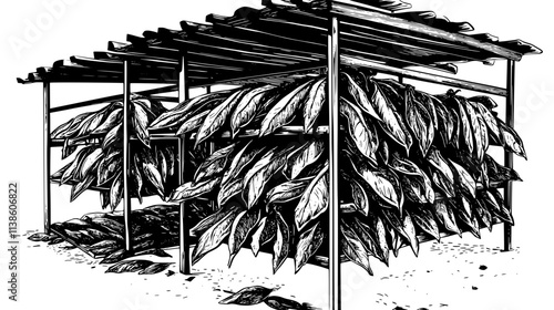 Tobacco leaves drying on racks in a curing barn, Plant Vector Graphic
