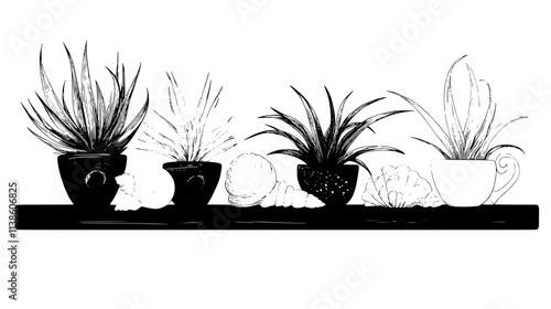Tiny air plants nestled in seashells on a bathroom shelf, Plant Vector Graphic