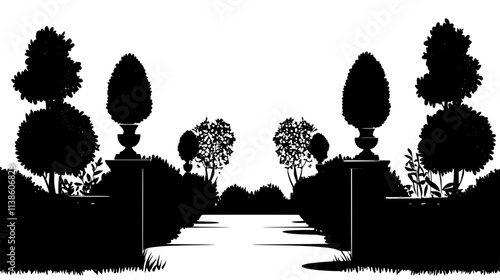 Topiary shapes in manicured lawn of estate, Plant Vector Graphic