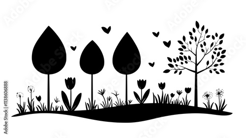 Tulips arranged in a formal garden, with trees and shrubs in the background, Plant Vector Graphic