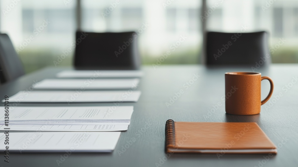 Modern Office Workspace with Papers, Notebook, and Coffee Mug on Table, Bright Natural Light Illuminating a Professional Environment Modern Office Workspace with Papers, Notebook, and Coffee Mug on Table, Bright Natural Light Illuminating a Professional Environment
