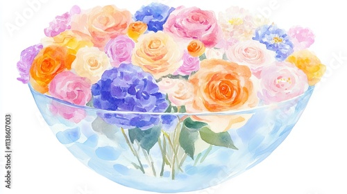 Graceful watercolor blooms displayed in a bowl mirrored on a reflective surface, mimicking the space